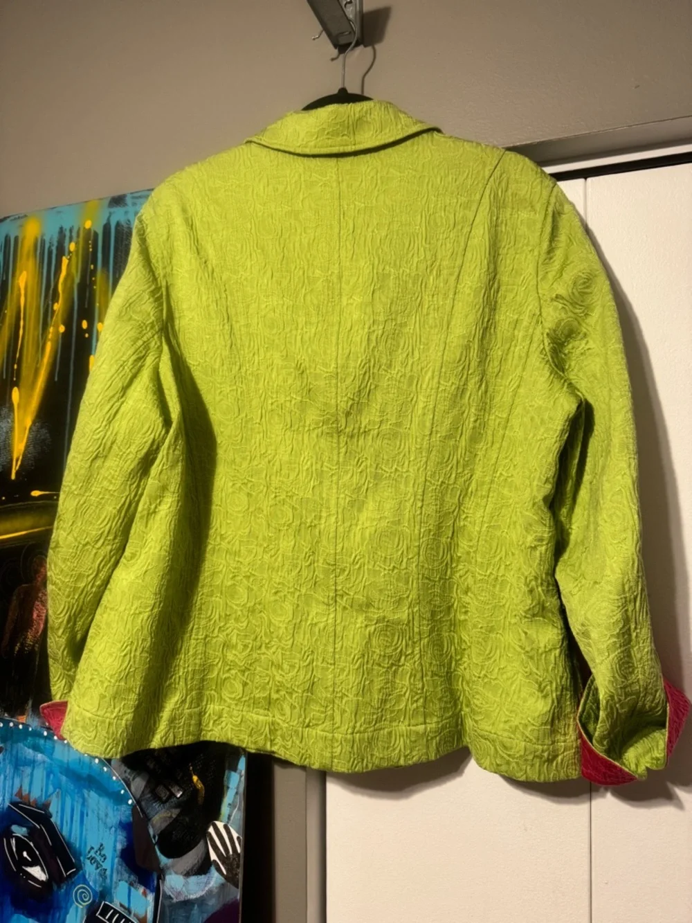 Coldwater Creek 18W Lime Green Jacquard Spring Jacket Pink Trim Preppy - Picture 7 of 9